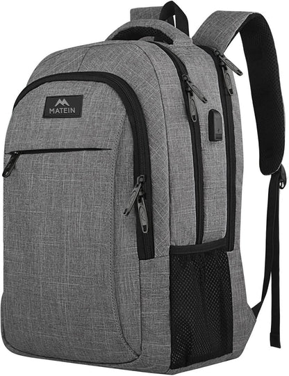 Matein water-resistant travel backpack with USB charging port and 15.6-inch compartment, ideal for students and commuters.