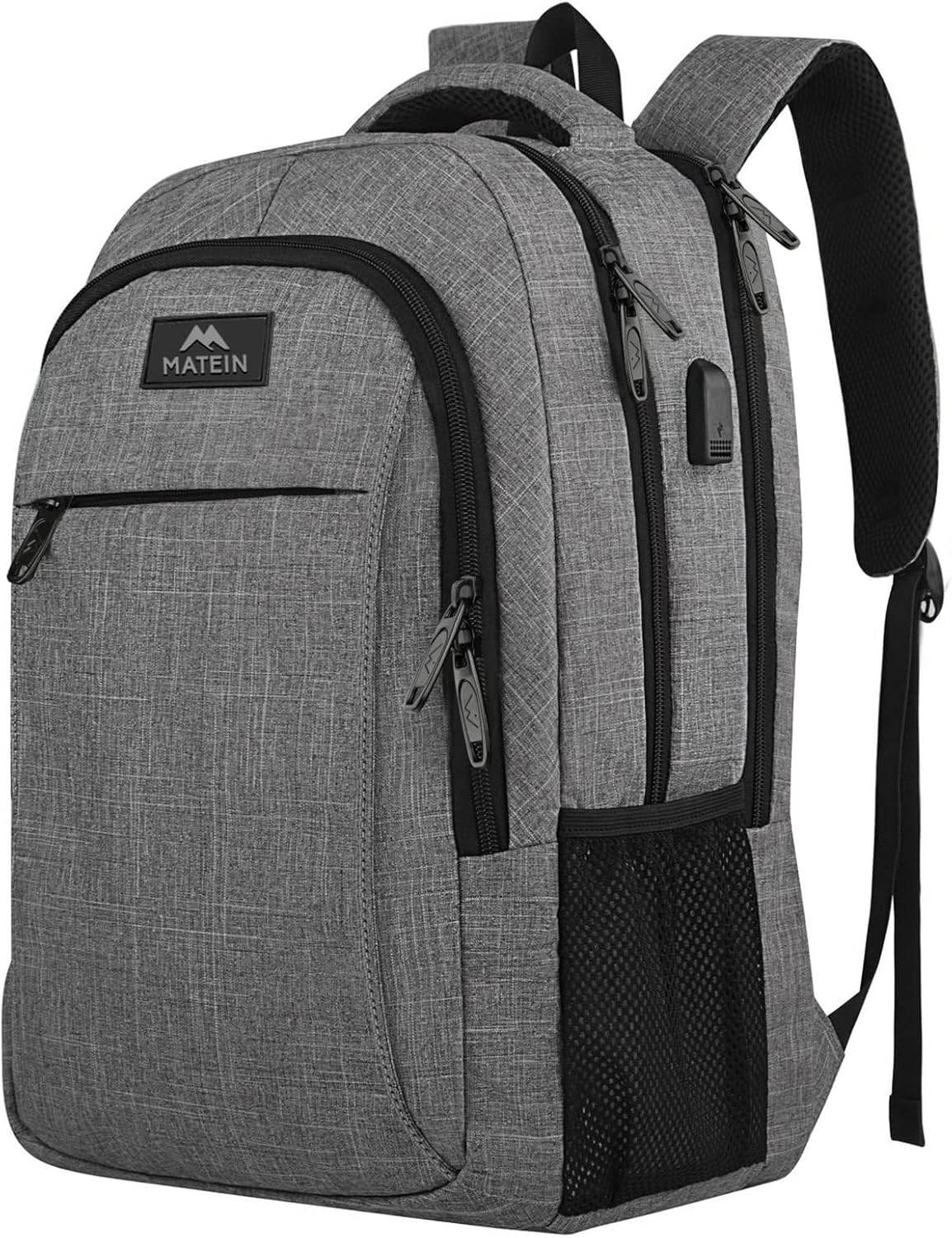 Matein water-resistant travel backpack with USB port and 15.6-inch capacity, featuring multiple compartments and a sleek design.