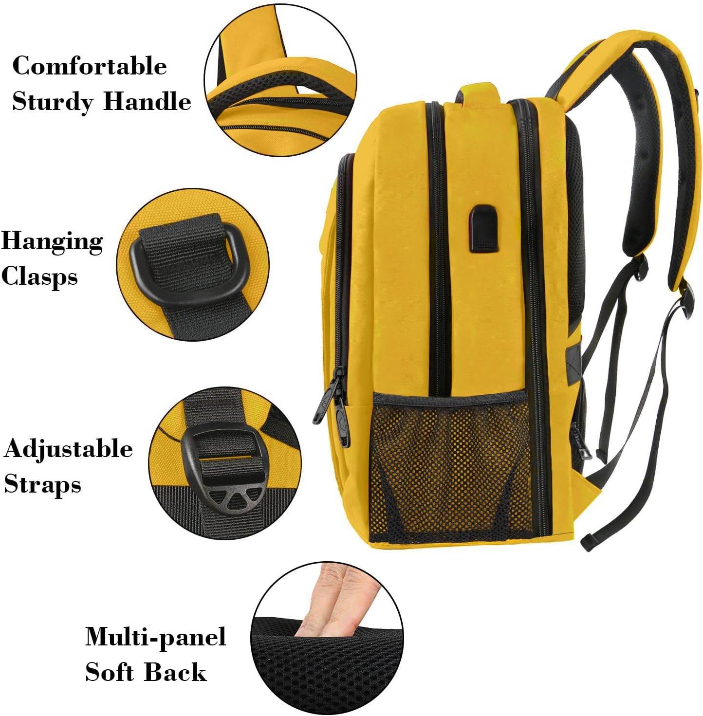 Yellow Matein water-resistant travel backpack with USB port, 15.6-inch size, suitable for students, with customizable options