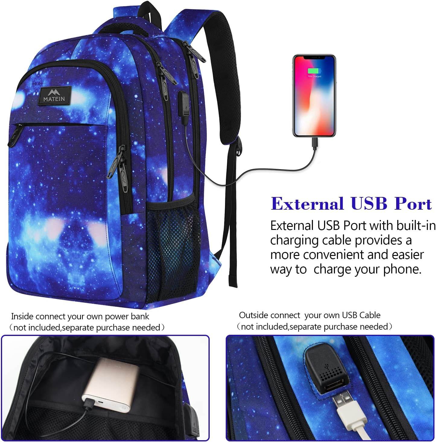 Matein travel backpack with USB charging port, water-resistant design, fits 15.6-inch laptops, suitable for students and travelers.