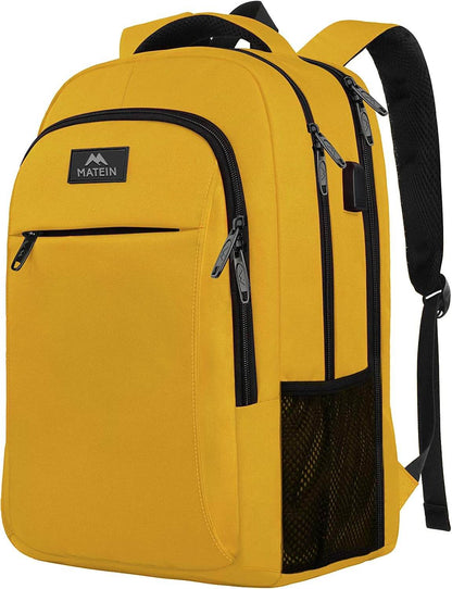 Yellow Matein travel backpack with USB port, water-resistant design, 15.6-inch size, ideal for students and travelers.