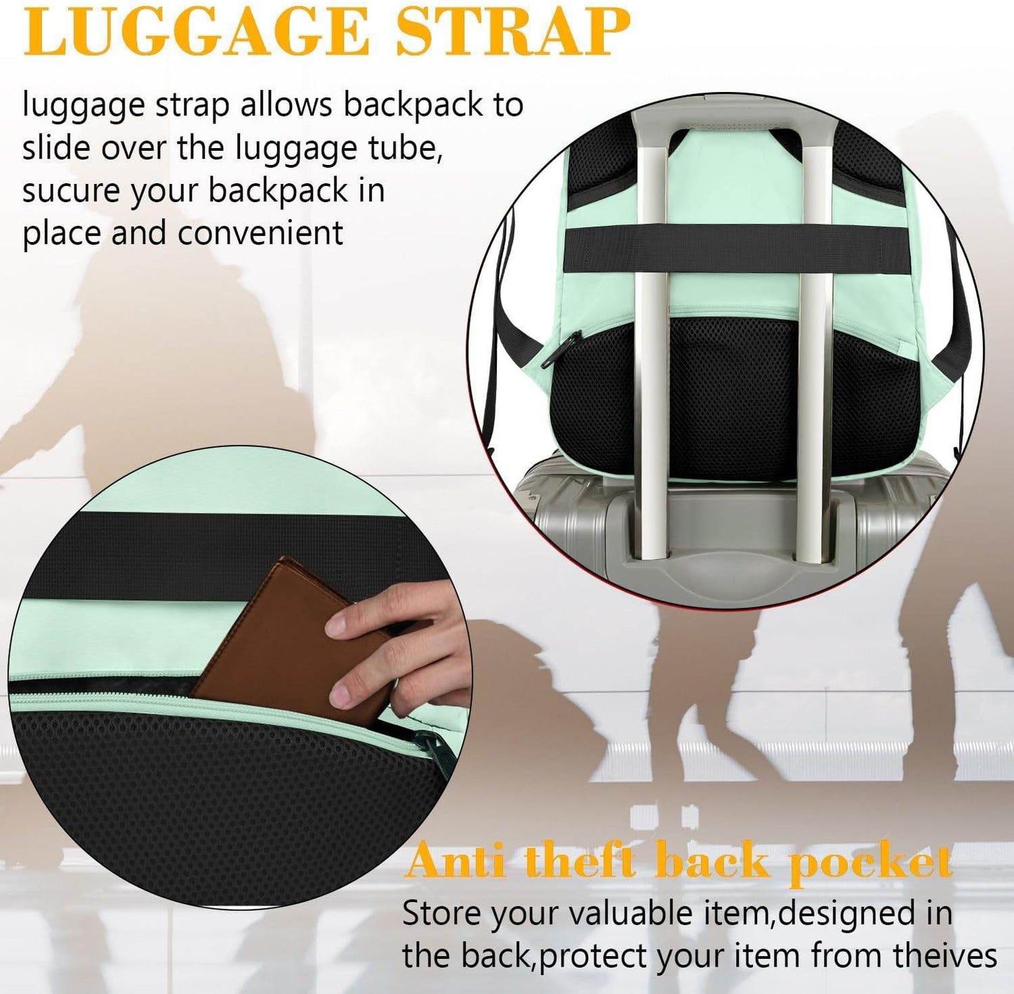 Mint Matein travel backpack with USB port, water-resistant design, anti-theft features, suitable for 15.6-inch laptops and students.