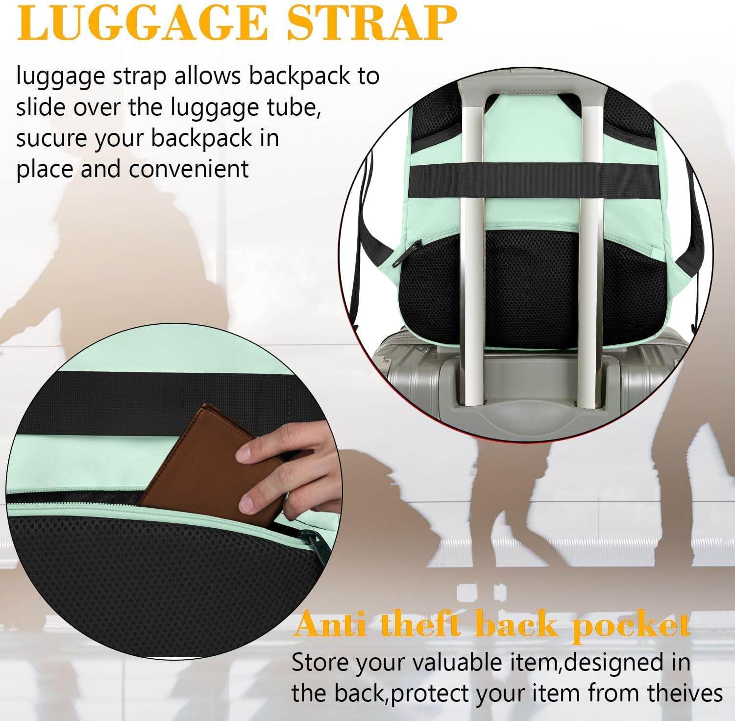 Mint Matein travel backpack with USB port, water-resistant design, anti-theft features, suitable for 15.6-inch laptops and students.