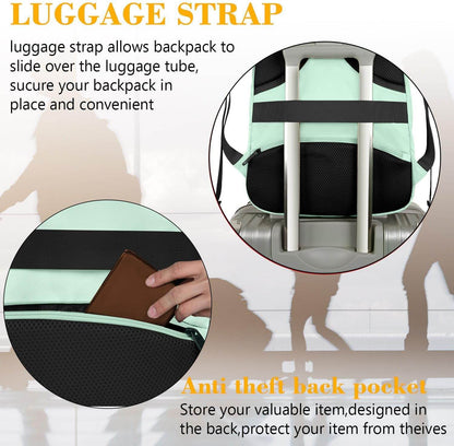 Mint Matein travel backpack with USB port, water-resistant design, anti-theft features, suitable for 15.6-inch laptops and students.