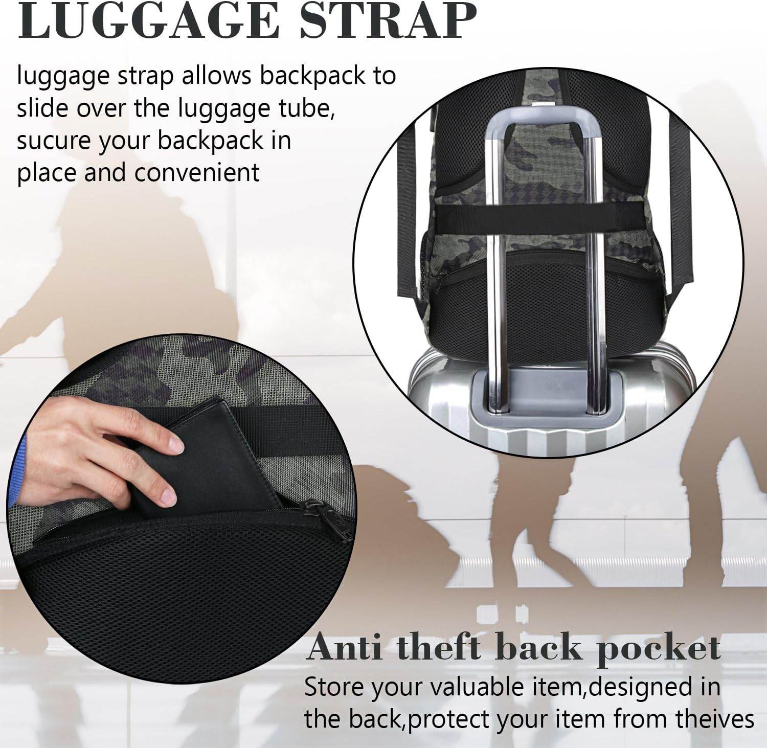 Grey camo Matein anti-theft travel backpack with USB port, water-resistant design, suitable for students, fits 15.6-inch laptops.