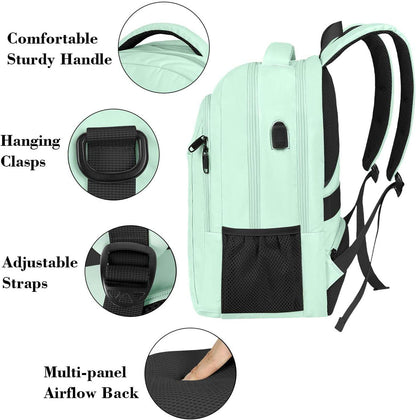 Matein travel backpack in mint with USB charging port, water-resistant design, suitable for students, fits 15.6-inch laptops.