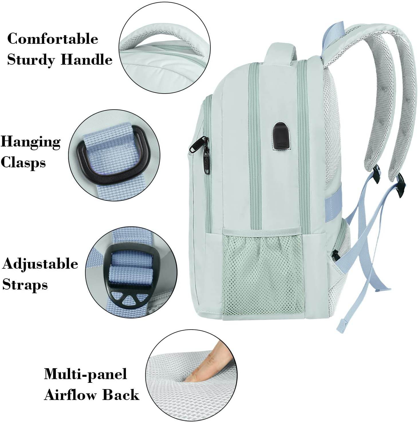 Matein water-resistant 15.6-inch travel backpack with USB port in light blue, ideal for students and commuters.