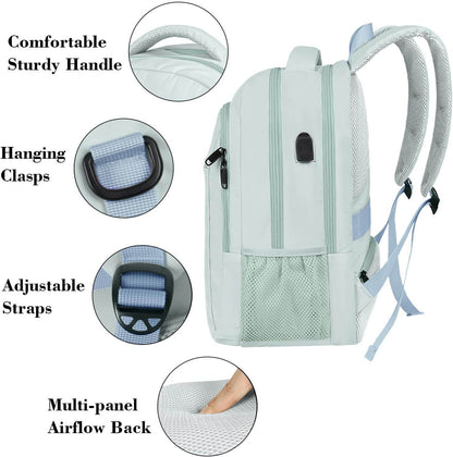 Matein water-resistant 15.6-inch travel backpack with USB port in light blue, ideal for students and commuters.