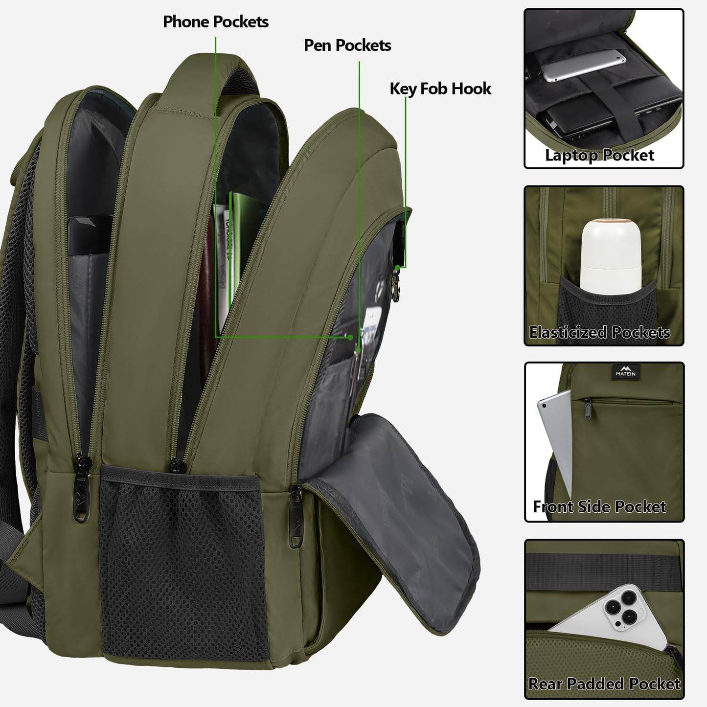 Matein water-resistant travel backpack with USB port, large capacity, green color, suitable for students and 15.6-inch laptops