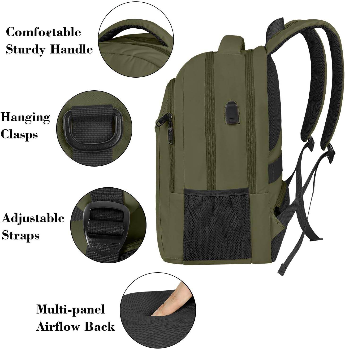 Matein military green travel backpack with USB charging port, water-resistant design, 15.6-inch capacity, ideal for students.