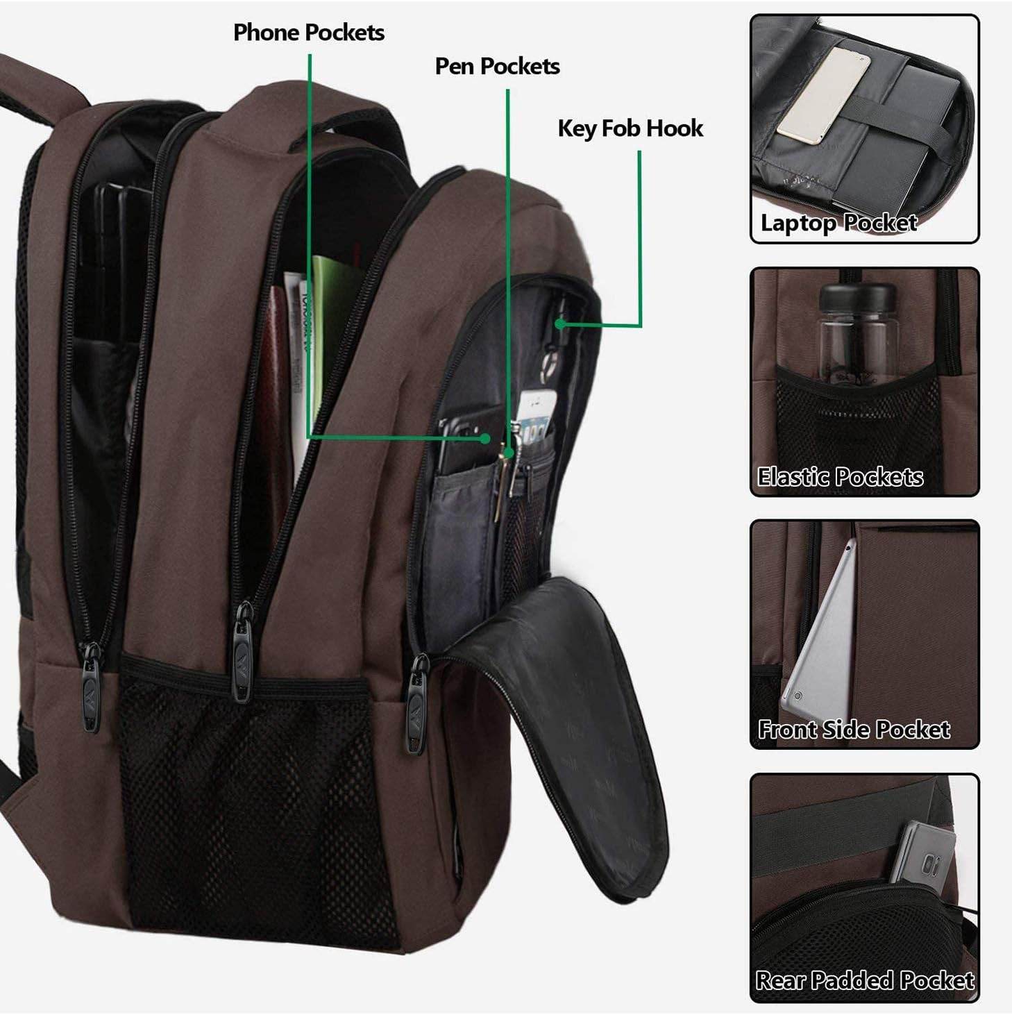 Brown Matein water-resistant travel backpack with USB port, 15.6-inch size, designed for students with customizable options.