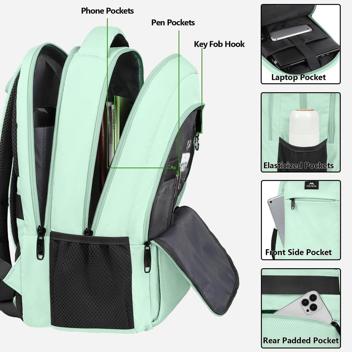Mint Matein water-resistant travel backpack with USB port, fits 15.6-inch laptops, ideal for students, customizable and versatile.