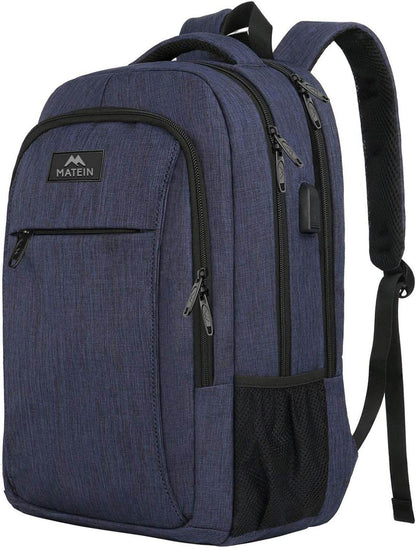 Matein water-resistant navy blue travel backpack with USB charging port and 15.6-inch compartment, ideal for students and travelers.