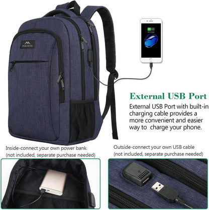 Navy Matein travel backpack with USB charging port, water-resistant design, 15.6-inch capacity, ideal for students and travelers.
