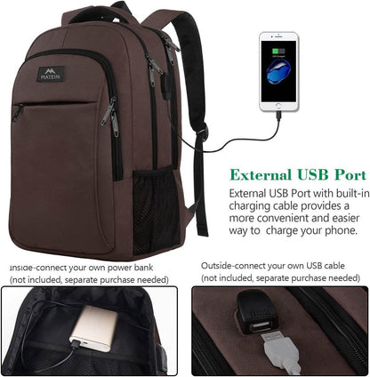 Brown Matein travel backpack with USB charging port, water-resistant design, fits 15.6-inch laptops, ideal for students and travelers.