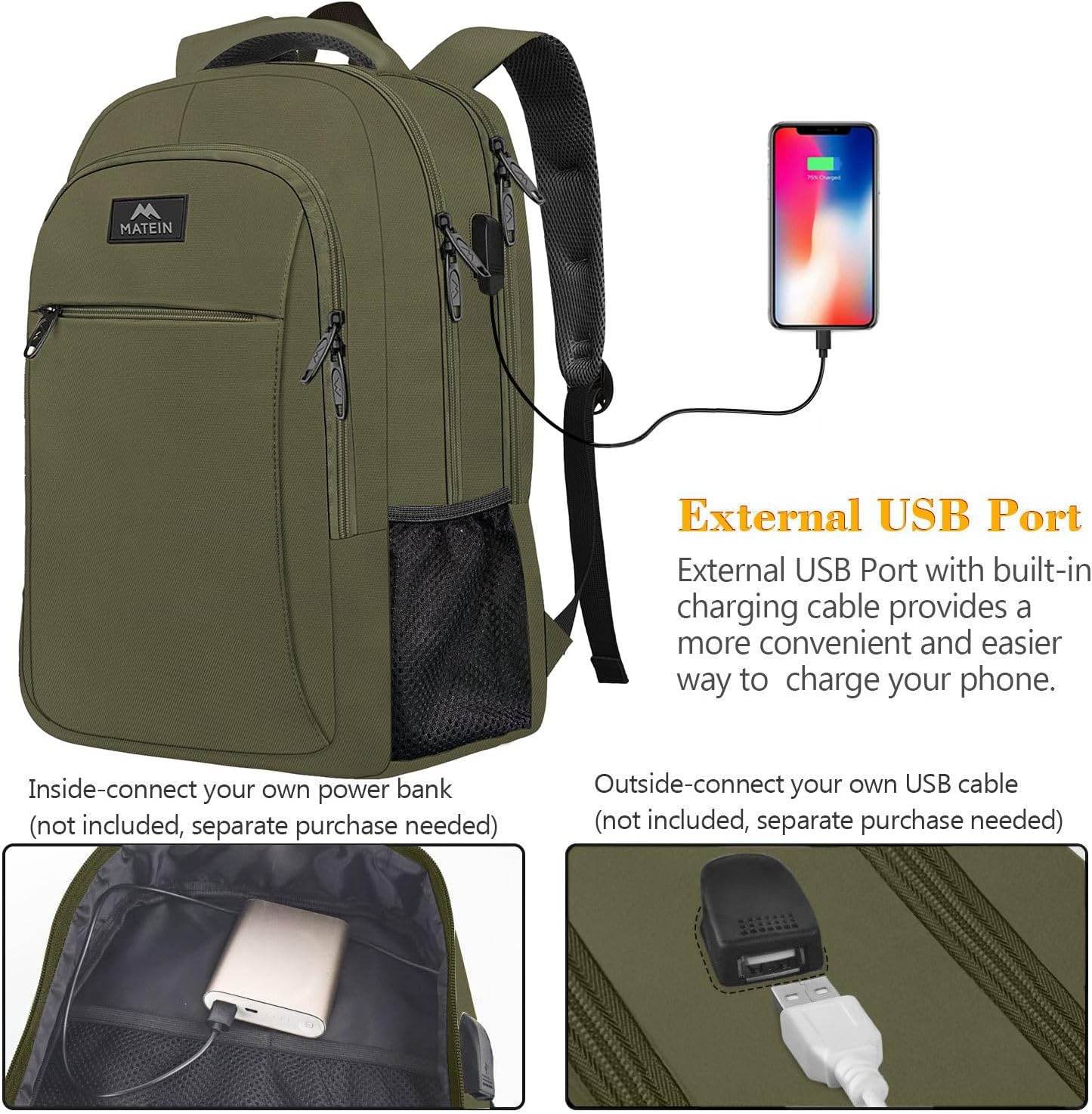 Green Matein travel backpack with USB charging port, water-resistant design, 15.6-inch capacity, ideal for students and travelers.