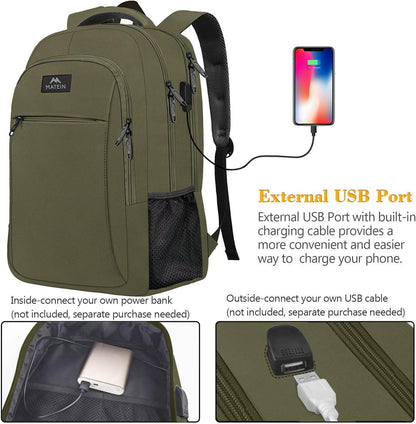 Green Matein travel backpack with USB charging port, water-resistant design, 15.6-inch capacity, ideal for students and travelers.