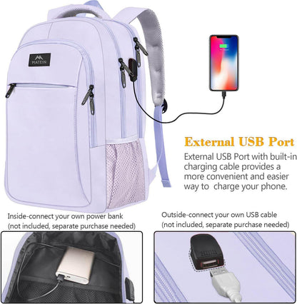 Lavender Matein travel backpack with USB charging port, water-resistant design, 15.6-inch size, ideal for students and travelers.