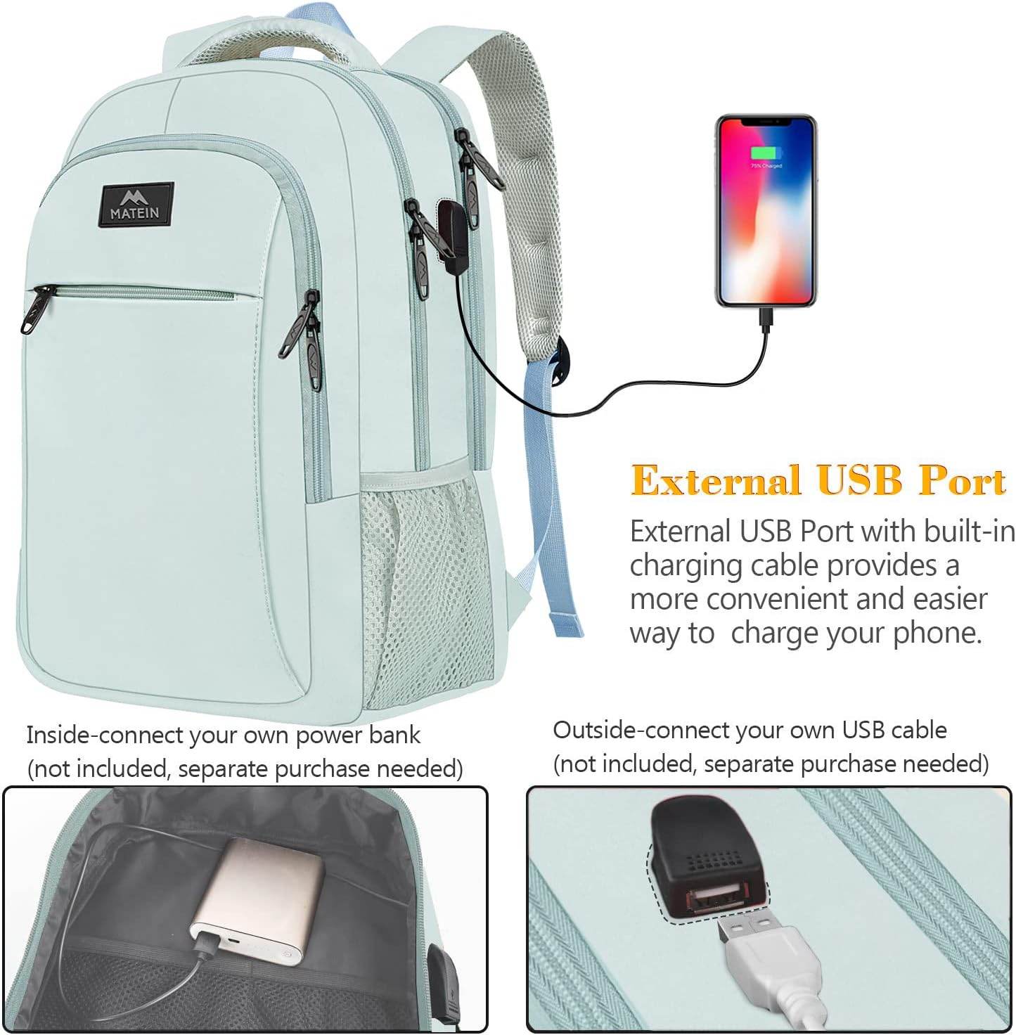 Light blue Matein travel backpack with USB charging port and water-resistant design, suitable for students and 15.6-inch laptops.