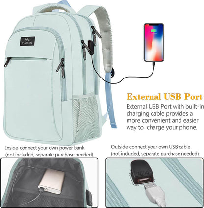 Light blue Matein travel backpack with USB charging port and water-resistant design, suitable for students and 15.6-inch laptops.