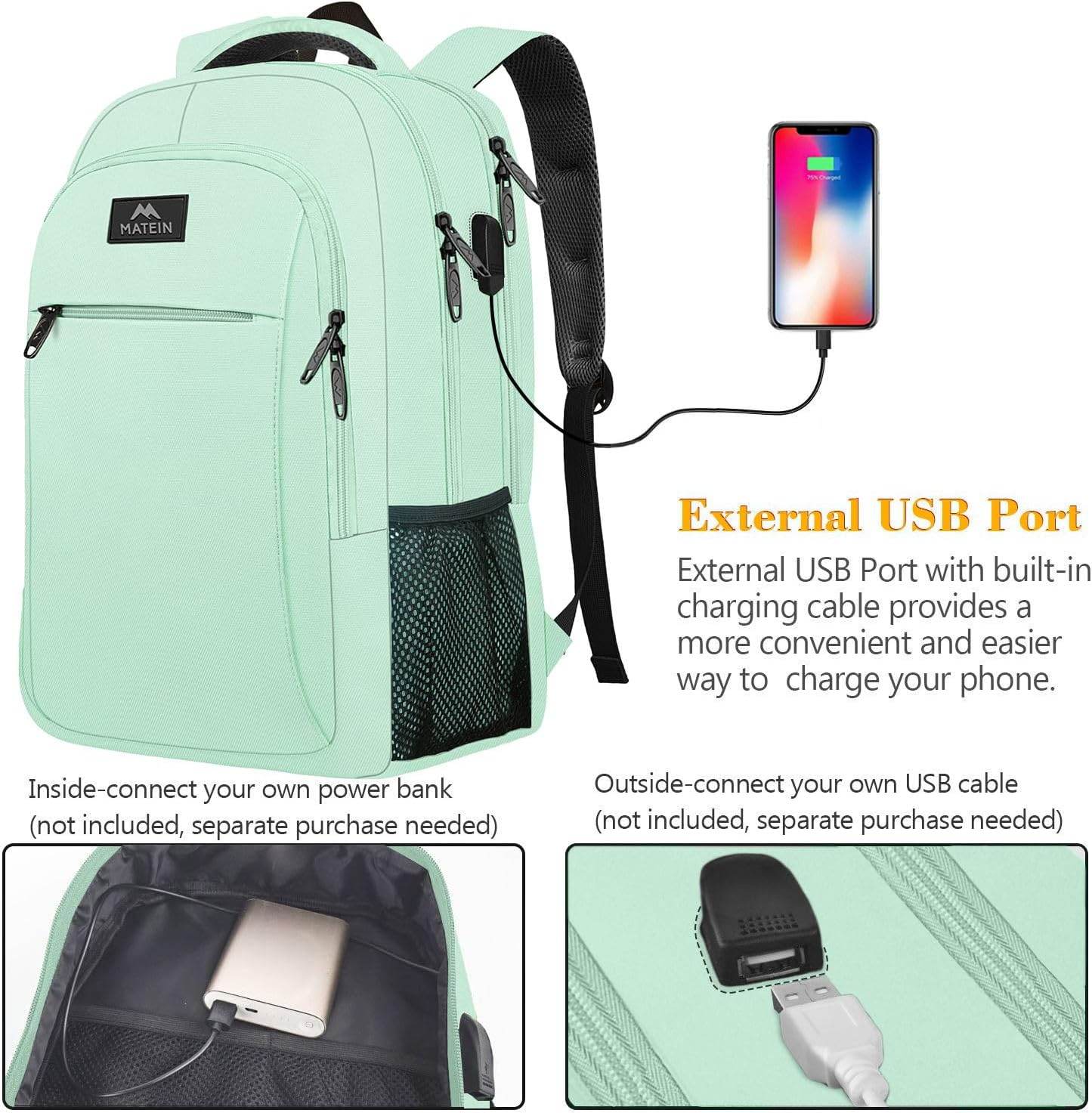 Mint Matein travel backpack with USB charging port, water-resistant design, 15.6-inch size, ideal for students and travelers.