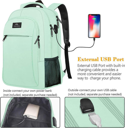 Mint Matein travel backpack with USB charging port, water-resistant design, 15.6-inch size, ideal for students and travelers.