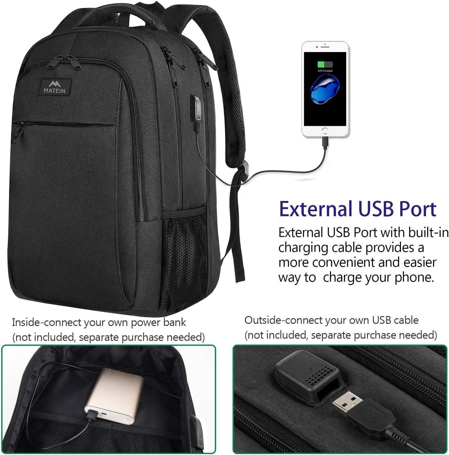 Black Matein travel backpack with USB charging port, water-resistant design, ideal for students with 15.6-inch laptop compartment.