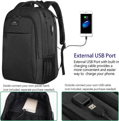 Black Matein travel backpack with USB charging port, water-resistant design, ideal for students with 15.6-inch laptop compartment.