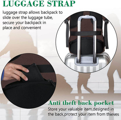 Matein brown travel backpack with USB charging port, water-resistant design, 15.6-inch capacity, and adjustable straps.