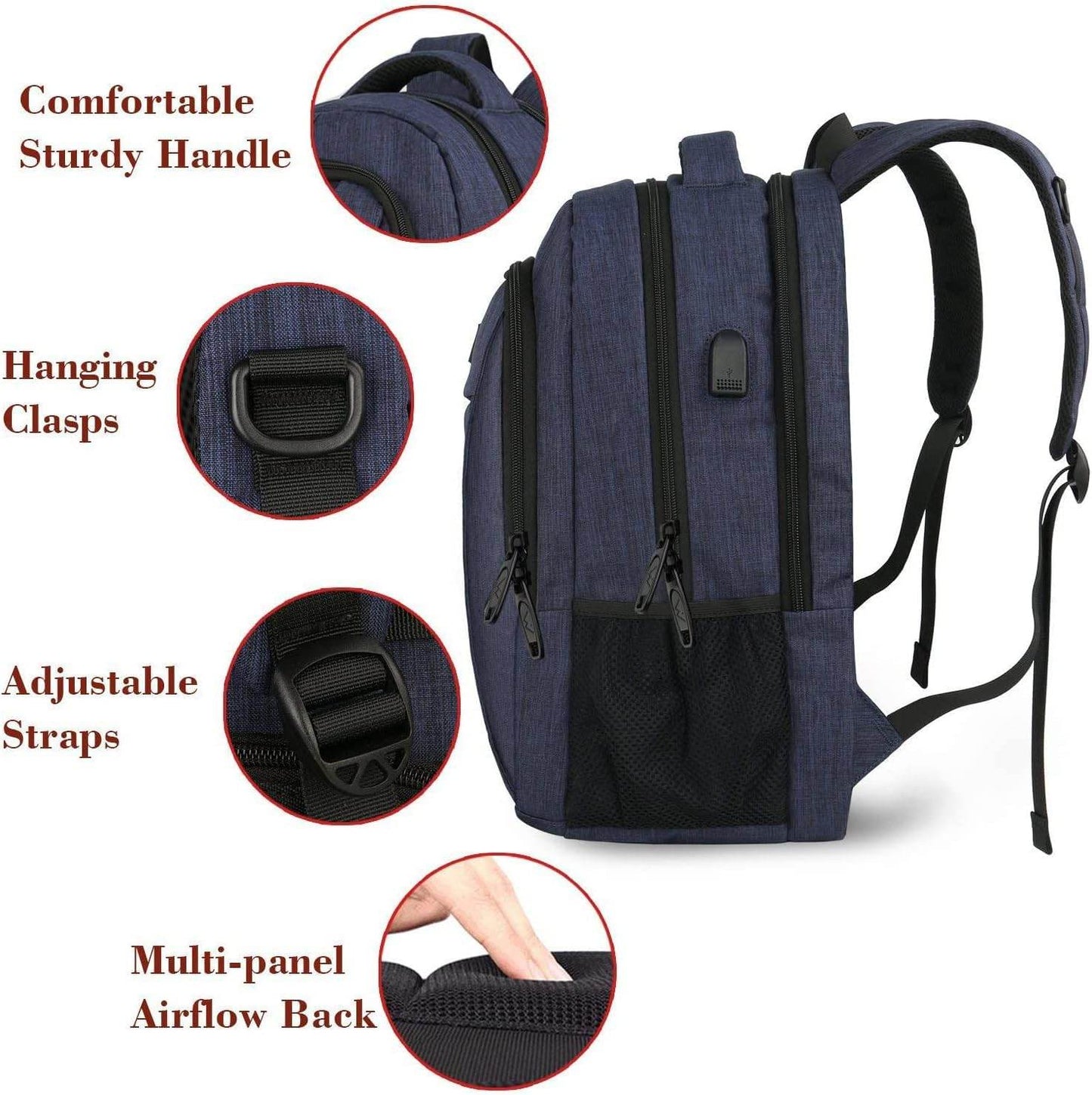 Matein navy blue travel backpack with USB charging port, water-resistant design, suitable for students, fits up to 15.6-inch laptops.