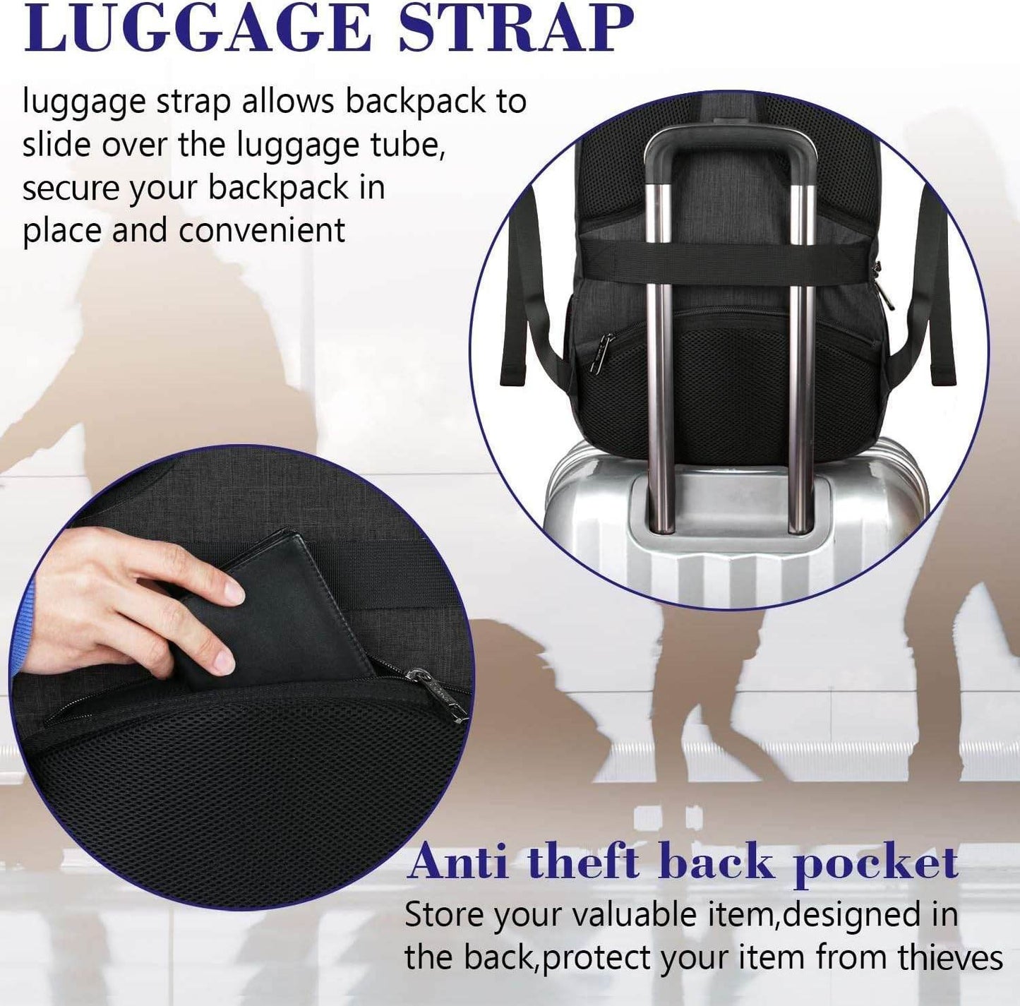 Black Matein travel backpack with USB charging port, water-resistant design, luggage strap, suitable for 15.6-inch laptops.