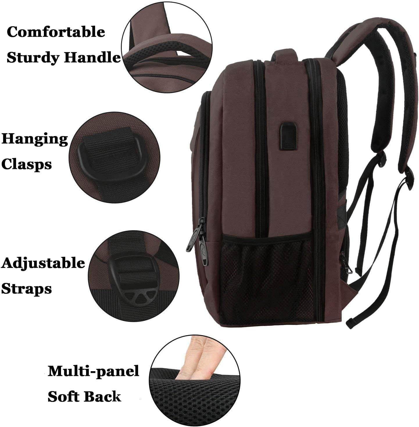 Matein brown travel backpack with USB charging port, water-resistant design, fits 15.6-inch laptops, suitable for students and travelers.