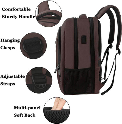 Matein brown travel backpack with USB charging port, water-resistant design, fits 15.6-inch laptops, suitable for students and travelers.