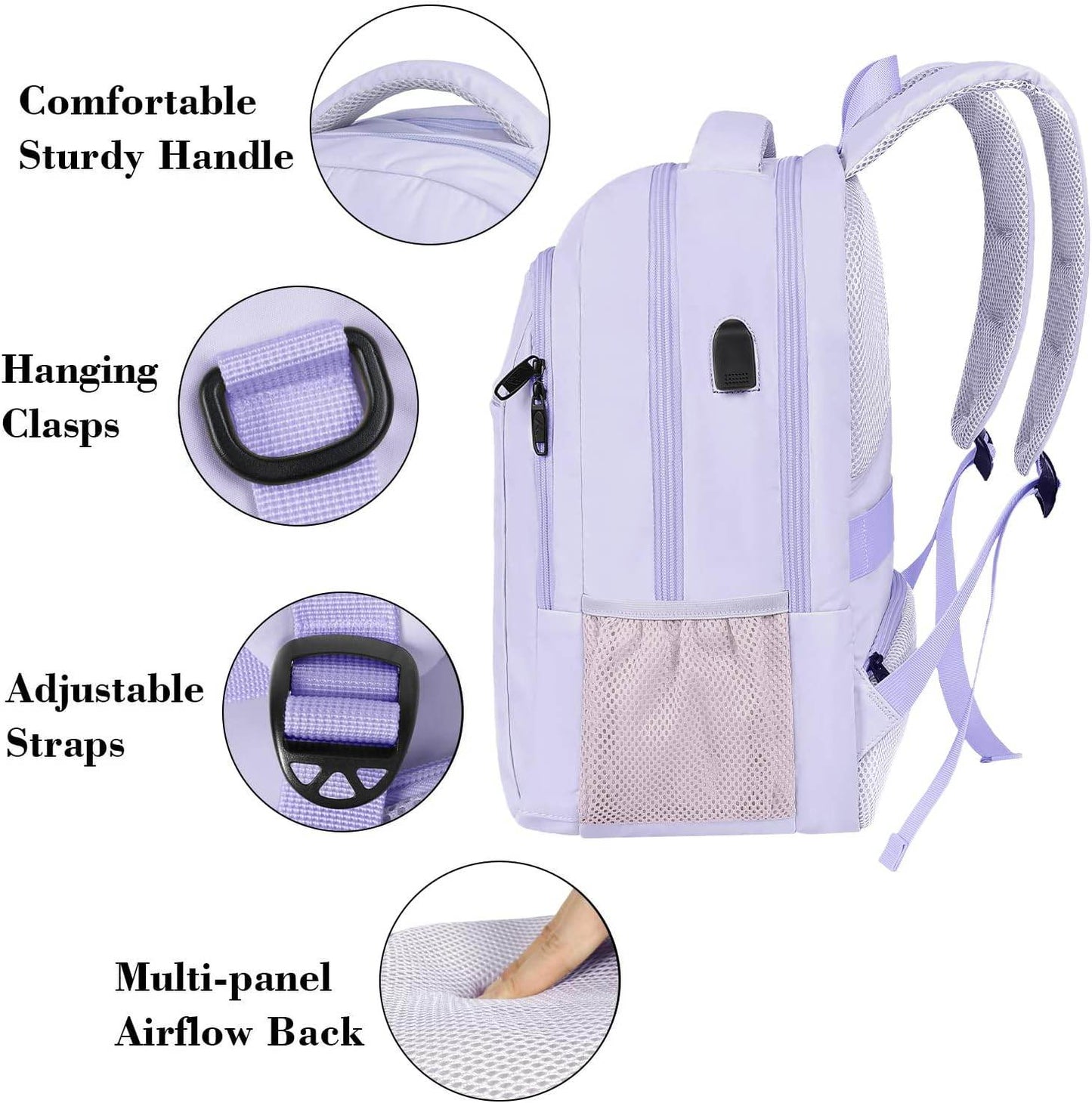 Matein travel backpack in lavender color with USB charging port, water-resistant material, suitable for 15.6-inch laptops, casual style