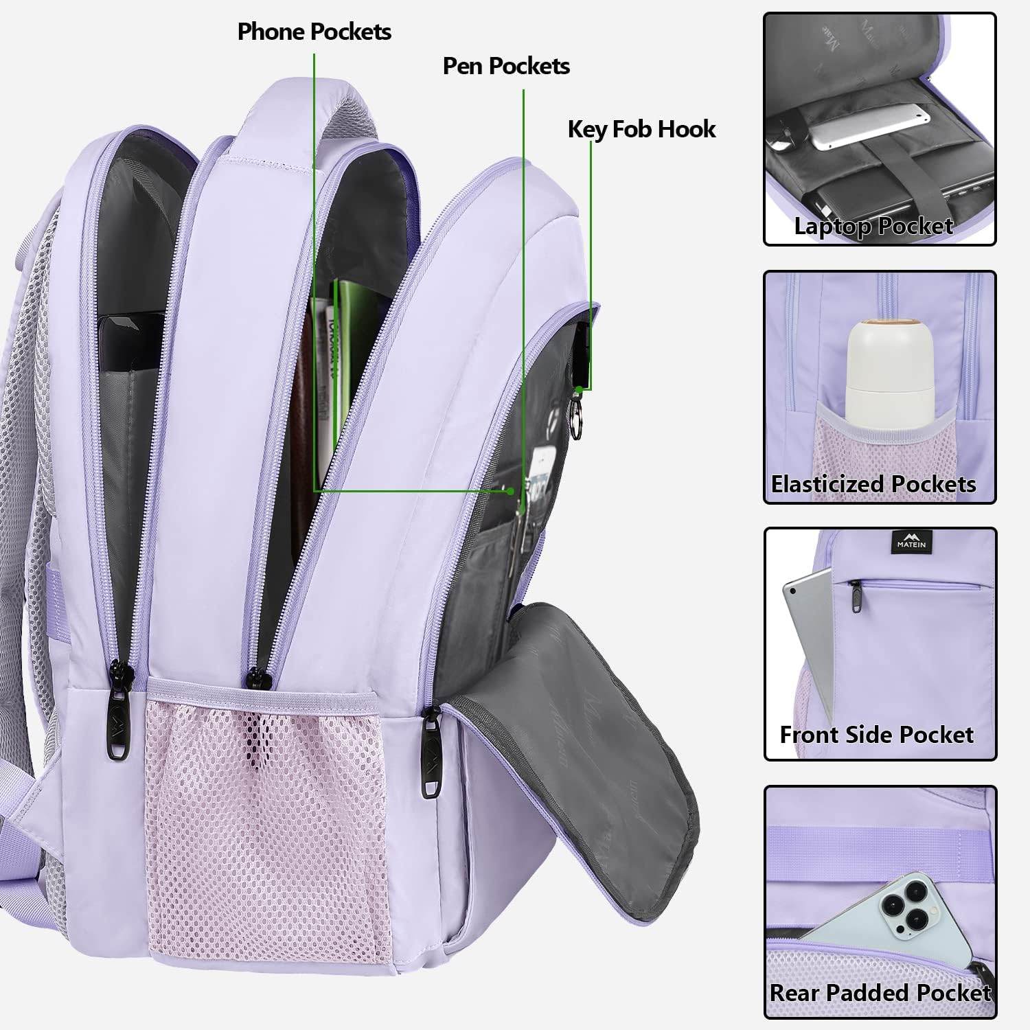 Matein water-resistant travel backpack with USB charging port, large capacity, suitable for students and 15.6 inch laptops
