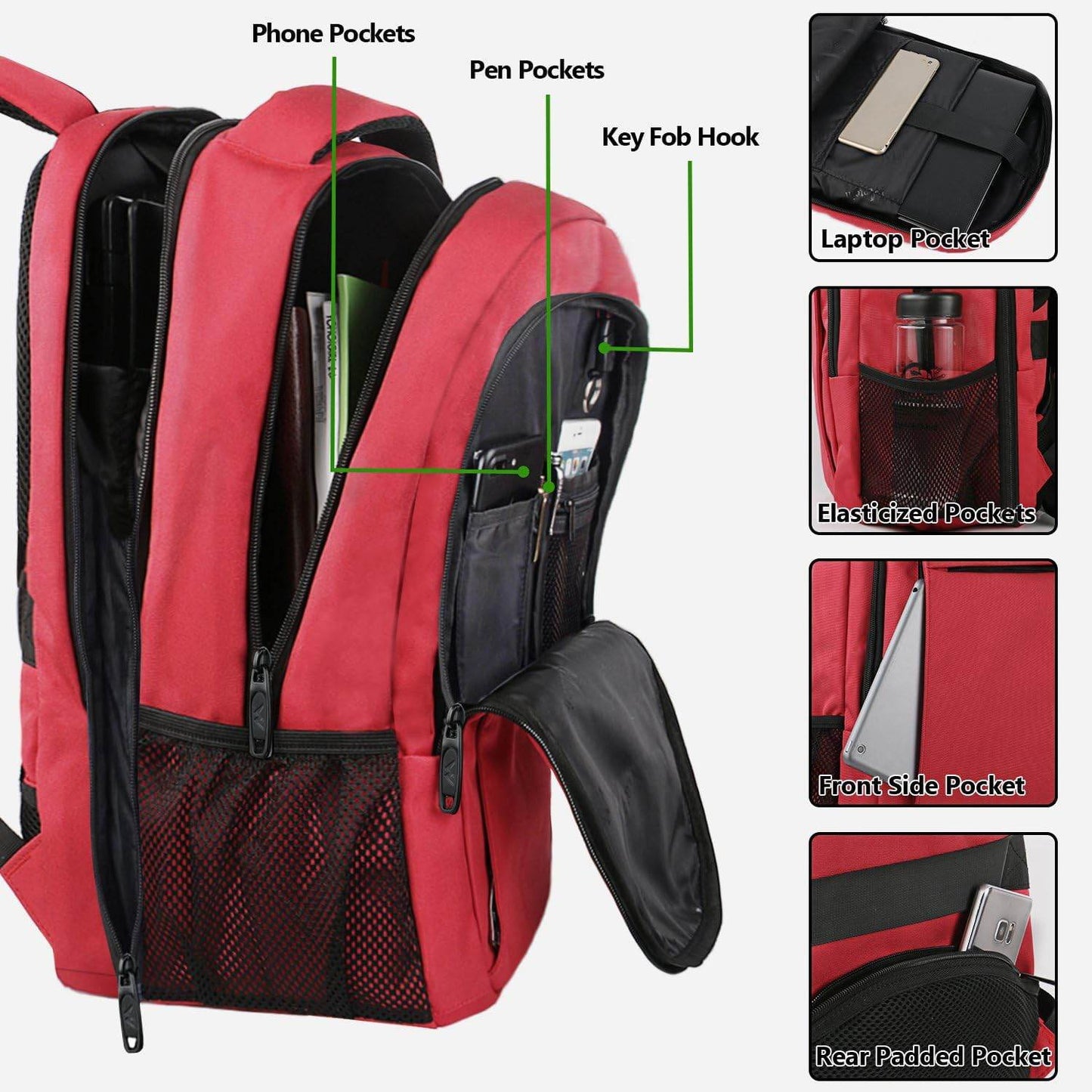 Matein water-resistant travel backpack with USB port, large capacity, red color, suitable for students with 15.6-inch laptops