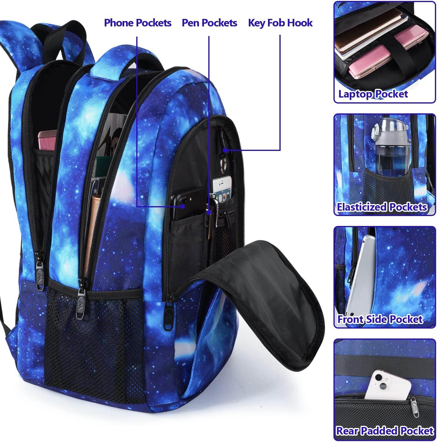 Matein water-resistant travel backpack with USB port, fits 15.6-inch laptops, featuring galaxy design and multiple compartments.
