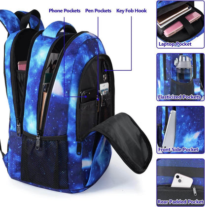 Matein water-resistant travel backpack with USB port, fits 15.6-inch laptops, featuring galaxy design and multiple compartments.