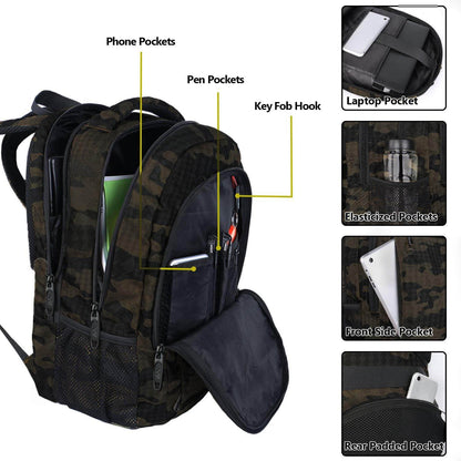 Camouflage Matein travel backpack with USB port and luggage strap, water-resistant design, ideal for students with 15.6-inch laptop