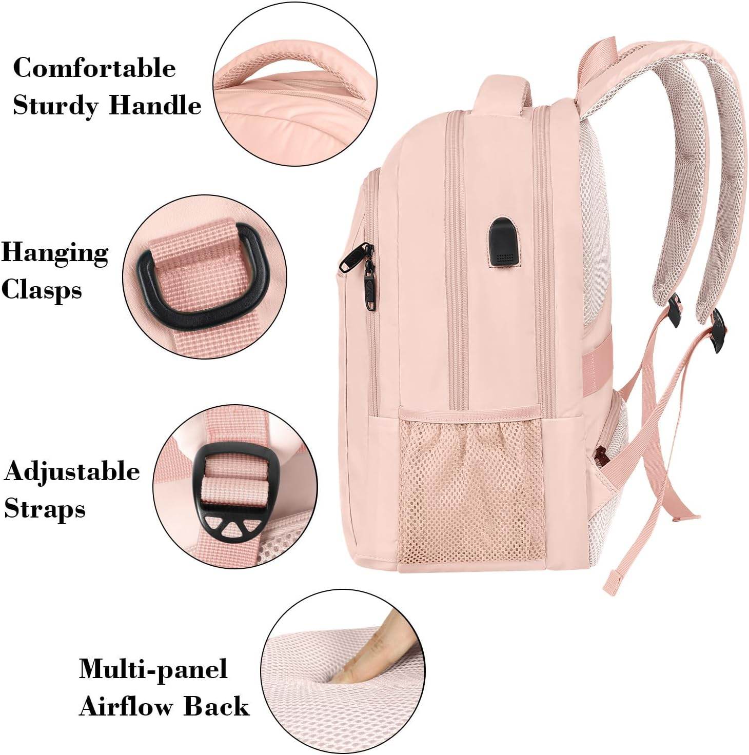 Pink Matein travel backpack with USB charging port, water-resistant design, ideal for students carrying a 15.6-inch laptop.