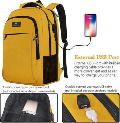 Yellow Matein travel backpack with USB port, water-resistant design, suitable for students, fits 15.6-inch laptops, casual style.