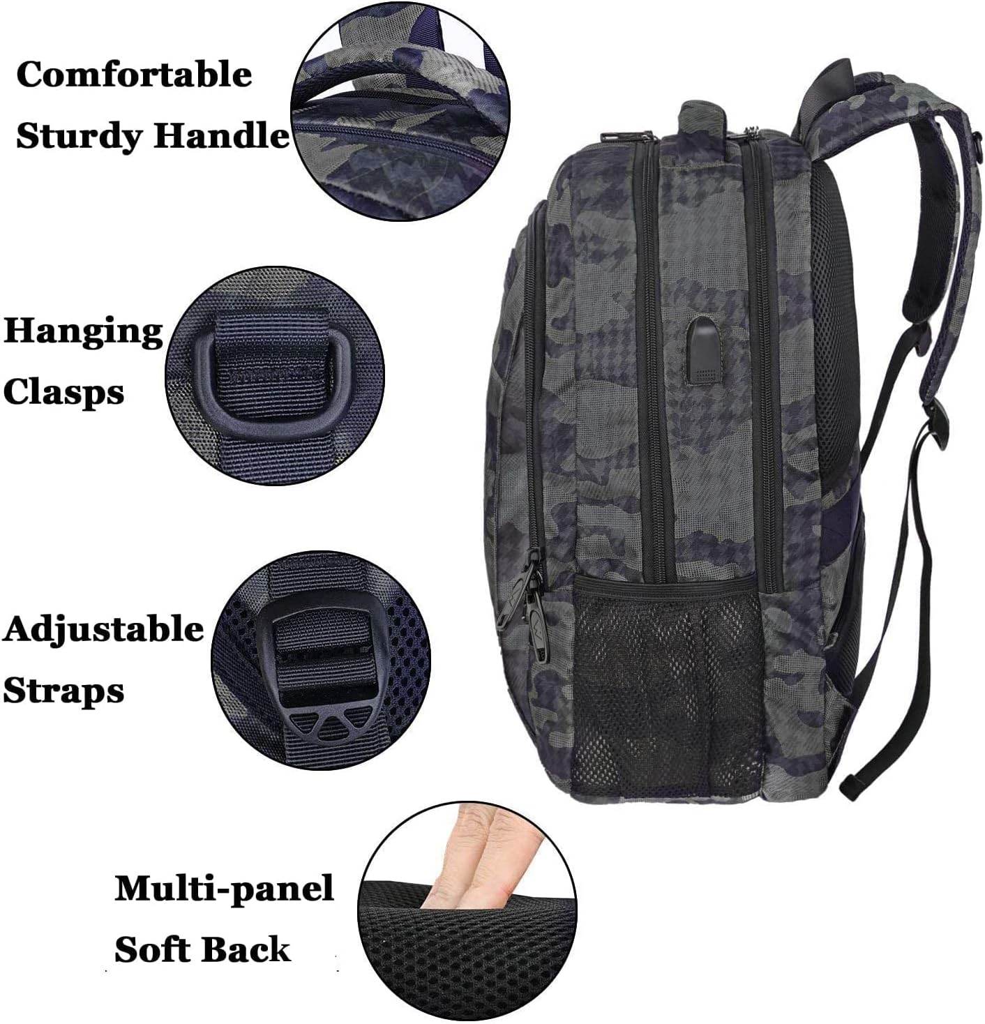 Grey camo Matein travel backpack with USB port, luggage strap, water-resistant design, suitable for students, fits 15.6-inch laptops.
