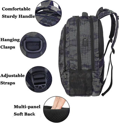 Grey camo Matein travel backpack with USB port, luggage strap, water-resistant design, suitable for students, fits 15.6-inch laptops.