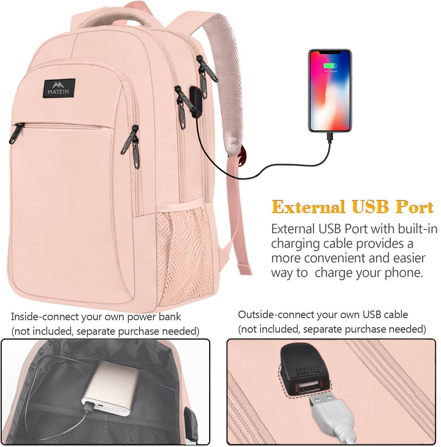 Matein travel backpack with USB charging port, water-resistant design, 15.6-inch size, ideal for students and commuters.