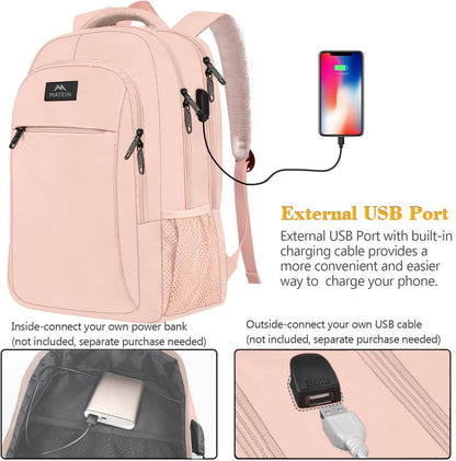 Matein travel backpack with USB charging port, water-resistant design, 15.6-inch size, ideal for students and commuters.
