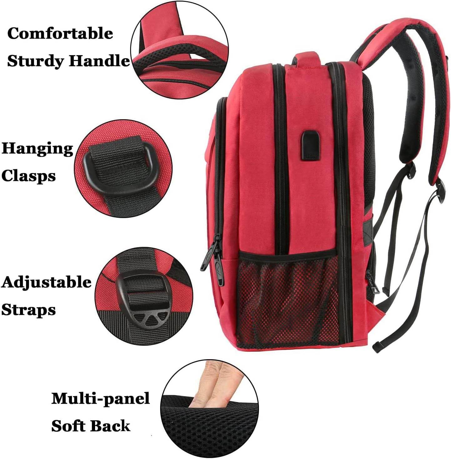 Red Matein travel backpack with USB charging port, water-resistant design, 15.6-inch size, ideal for students and travelers
