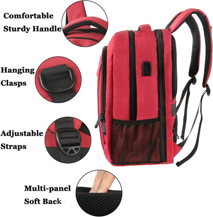 Red Matein travel backpack with USB charging port, water-resistant design, 15.6-inch size, ideal for students and travelers