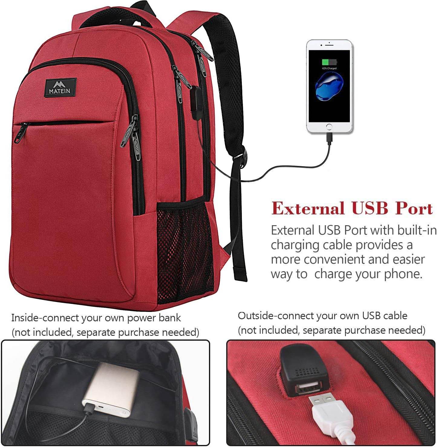 Red Matein travel backpack with USB charging port, water-resistant design, 15.6-inch size, ideal for students and commuters.