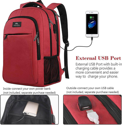 Red Matein travel backpack with USB charging port, water-resistant design, 15.6-inch size, ideal for students and commuters.