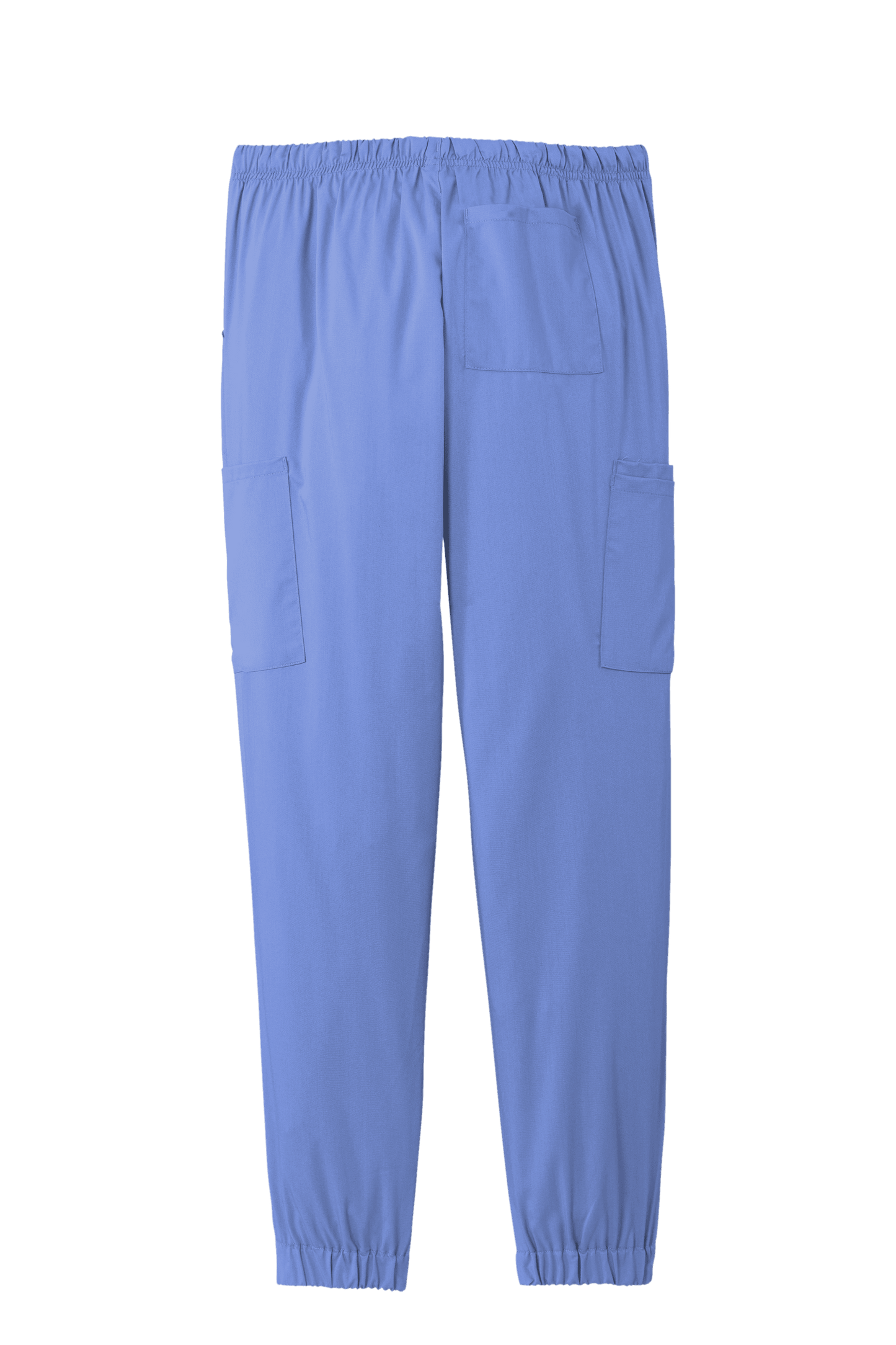 Light blue women's Wink Premiere Flex jogger nursing scrub pants with printed design, shown from the back view.